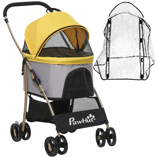 Yellow Pet Stroller with Rain Cover for Small Dogs