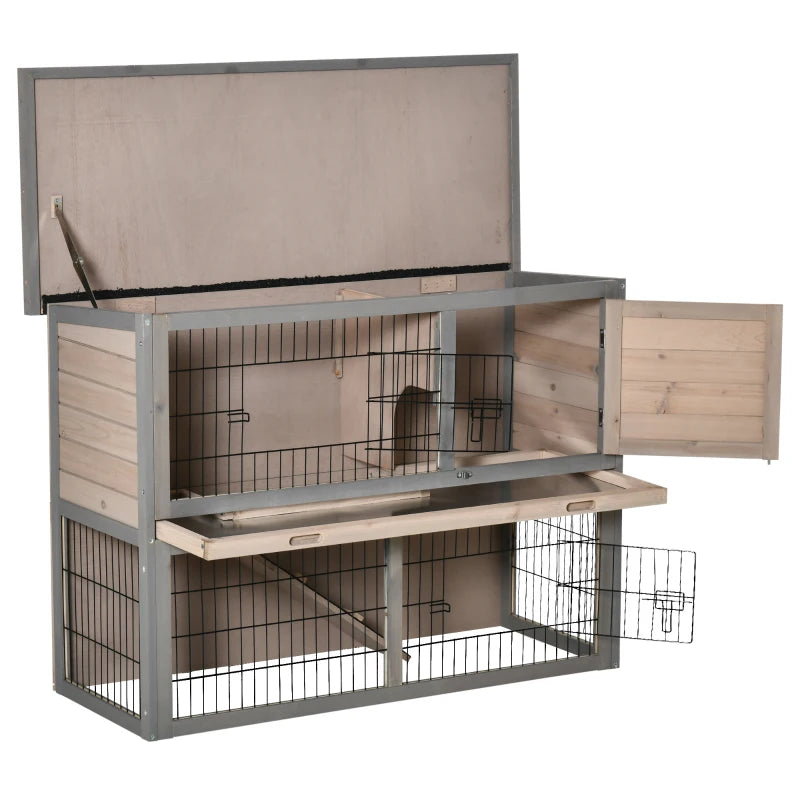 Brown 2 Tier Wooden Rabbit Hutch Guinea Pig House with Ramp and Outdoor Run - Small Animal Cage