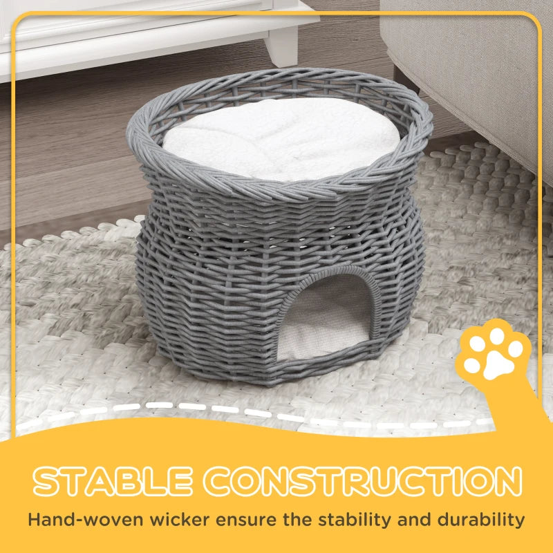 Grey Wicker 2-Tier Cat House Bed with Washable Cushions