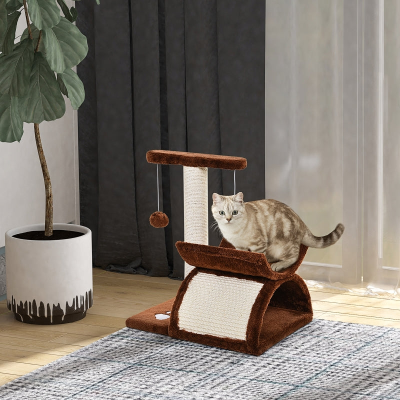 Brown Cat Tree with Rotating Top Bar, Scratching Post, Tunnel & Balls