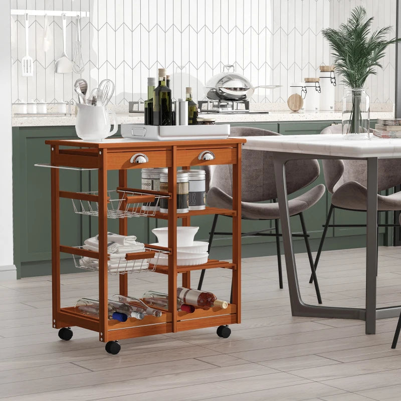 Rolling Kitchen Cart with Drawers, Baskets, Wine Rack & Tile Top - Natural Wood