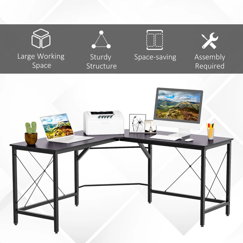 Black L-Shaped Corner Desk for Home Office, Space-Saving Workstation, 150x150x76cm