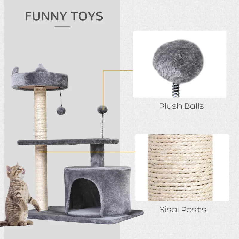 Grey Cat Tree Condo with Scratching Post and Perch, 60x40x81 cm