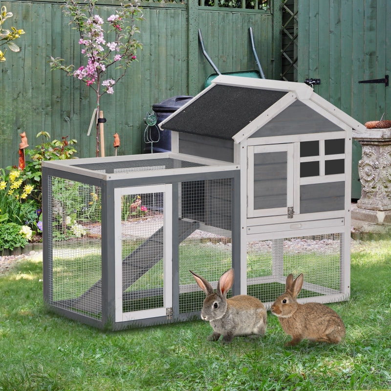 Grey 2-Tier Wooden Rabbit Hutch with Run and Sliding Tray, 122 x 62.6 x 92cm