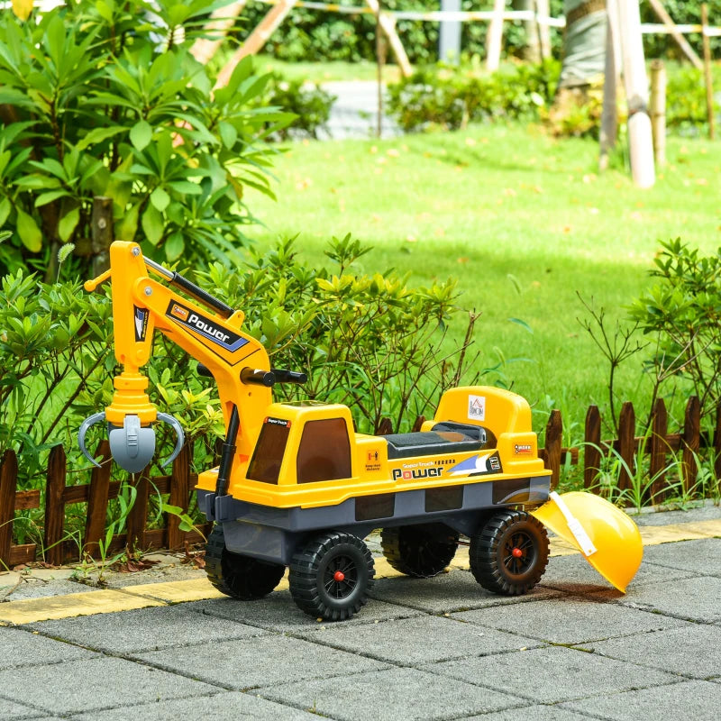 Kids Yellow Ride-On Excavator with Detachable Digging Bucket and Grab Bucket