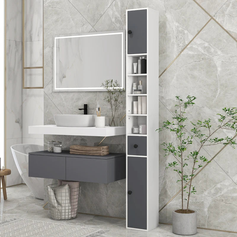 Grey 180cm Slim Bathroom Storage Cabinet with Drawer, Shelves, and Cupboards