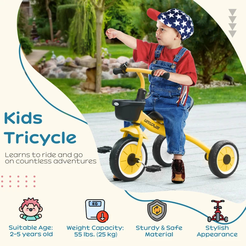 Yellow Kids Trike with Adjustable Seat, Basket & Bell - Ages 2-5