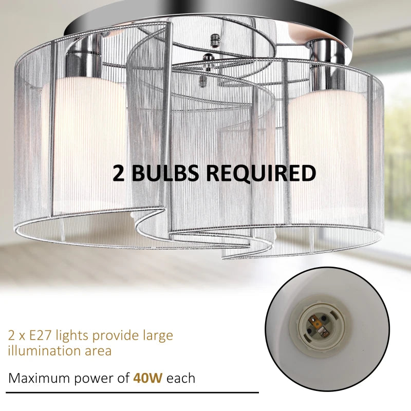 Modern White and Silver Chandelier Light Fixture, 2-Light Semi-Flush Mount