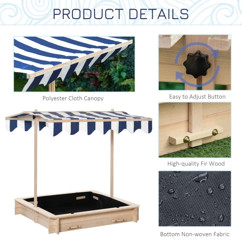Blue & White Kids Wooden Sand Pit with Adjustable Canopy