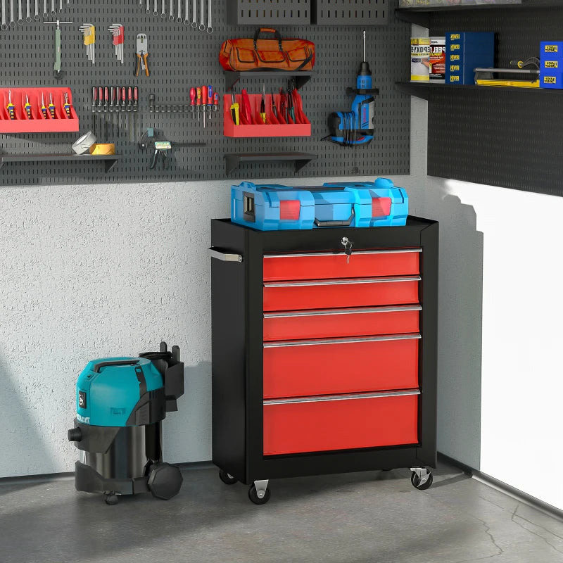 Red 5-Drawer Lockable Steel Tool Chest with Wheels and Handle