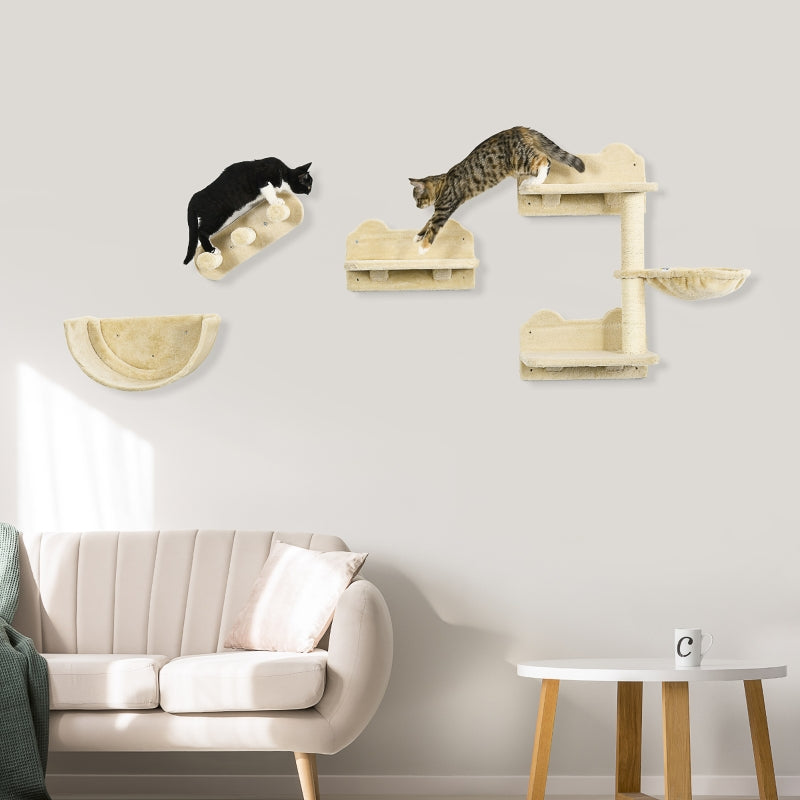 Beige Cat Wall Shelves Set with Scratching Post, Hammock, Nest - 4PCs