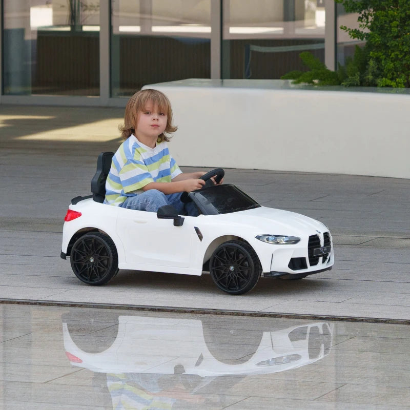 12V BMW M4 Licensed Kids Car - White with Remote Control & LED Lights