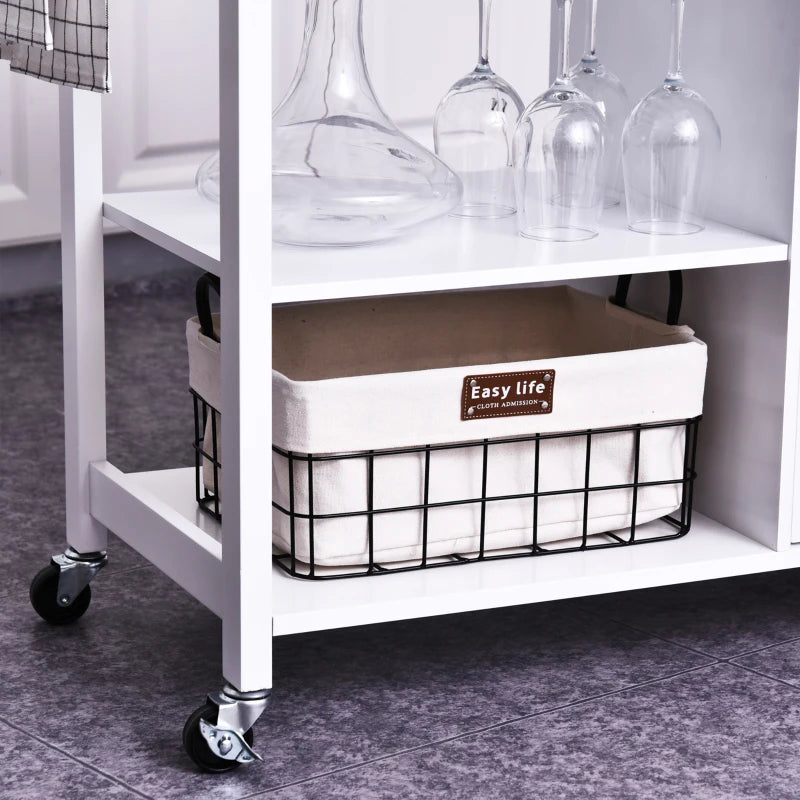 White Kitchen Storage Trolley Cart with Drawers and Wine Glass Rack