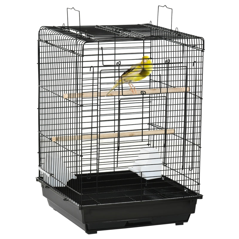 Black Steel Bird Cage with Open Top, Stand, Tray, Handles, Bowls - Parakeet, Finch