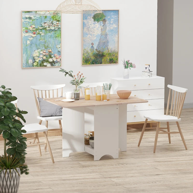 Foldable Drop-Leaf Dining Table with Storage Shelf - White