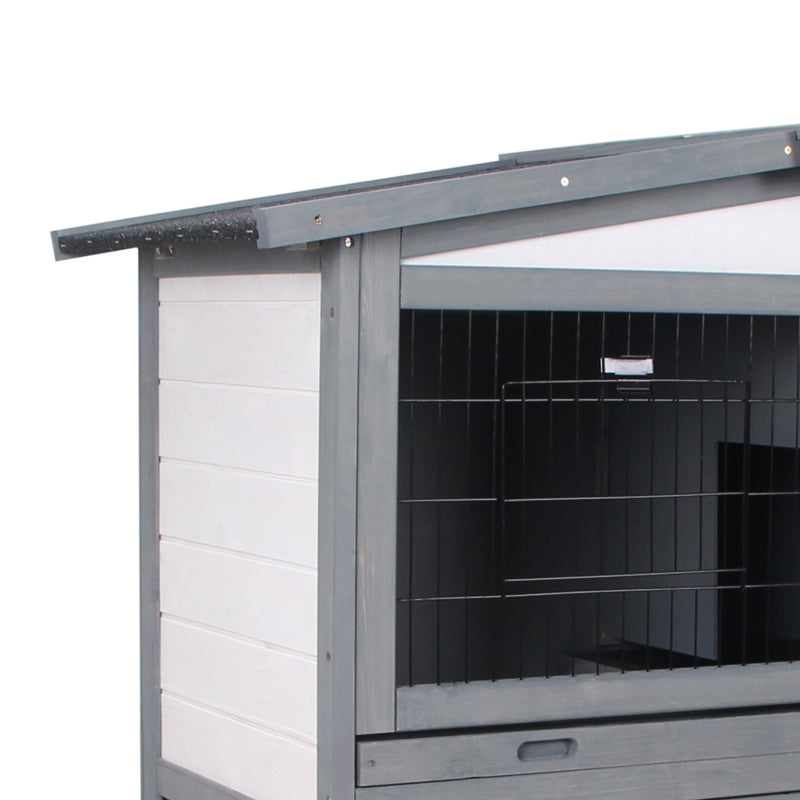 Grey 2 Tier Wooden Small Animal Hutch with Run and Ramp - 101.5 x 90 x 100 cm