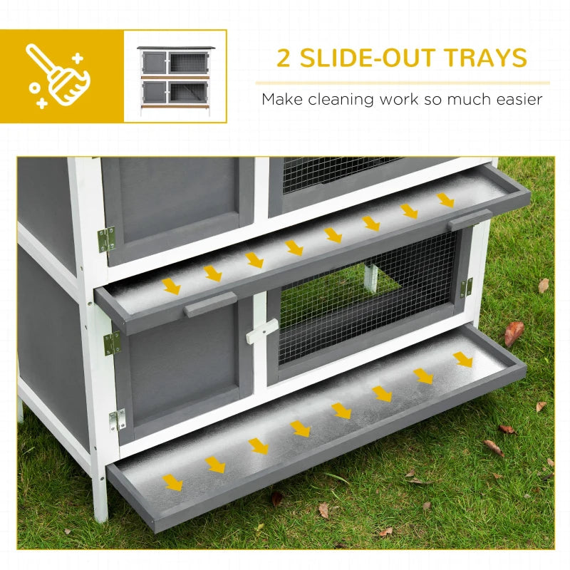 Grey 2 Tier Rabbit Hutch with Sliding Tray & Ramp, 100x47x91cm