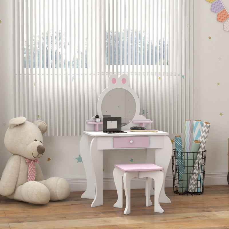 White and Pink Bunny Kids Dressing Table Set with Mirror and Stool