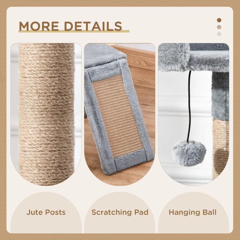 Grey Cat Tree Tower with Jute Scratching Post