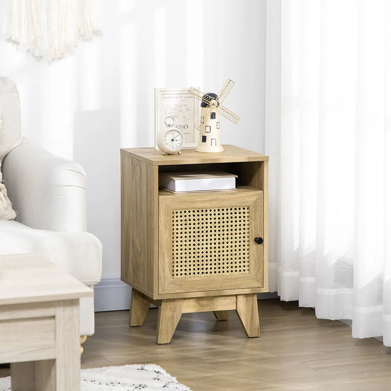 Natural Rattan Bedside Table with Shelf and Cupboard, 39x35x60cm