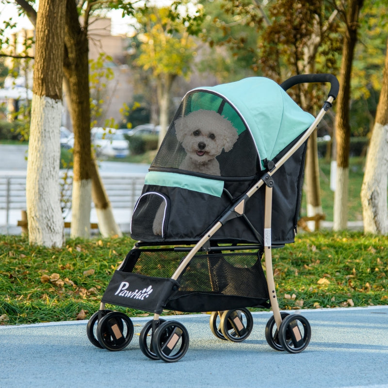 Green Pet Stroller for Small Dogs with Rain Cover