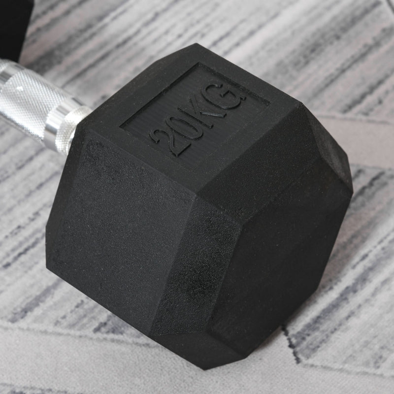 Black 20KG Rubber Hex Dumbbell Set - Portable Hand Weights for Home Gym