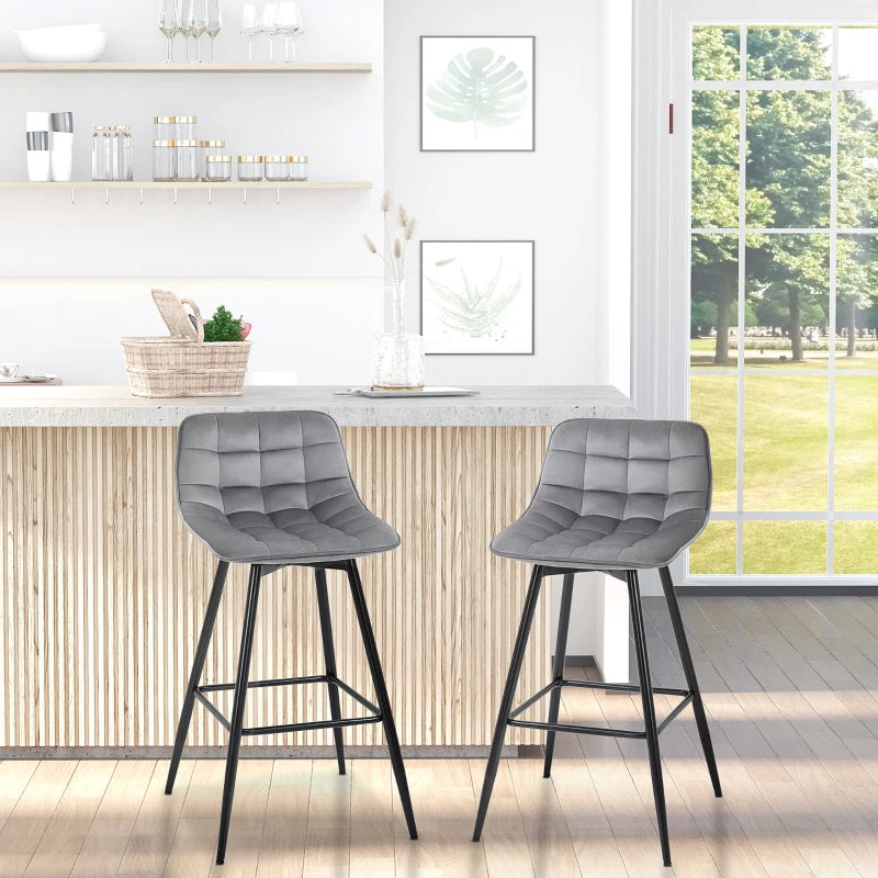 Grey Velvet Bar Stool Set - 2 Upholstered Kitchen Counter Chairs