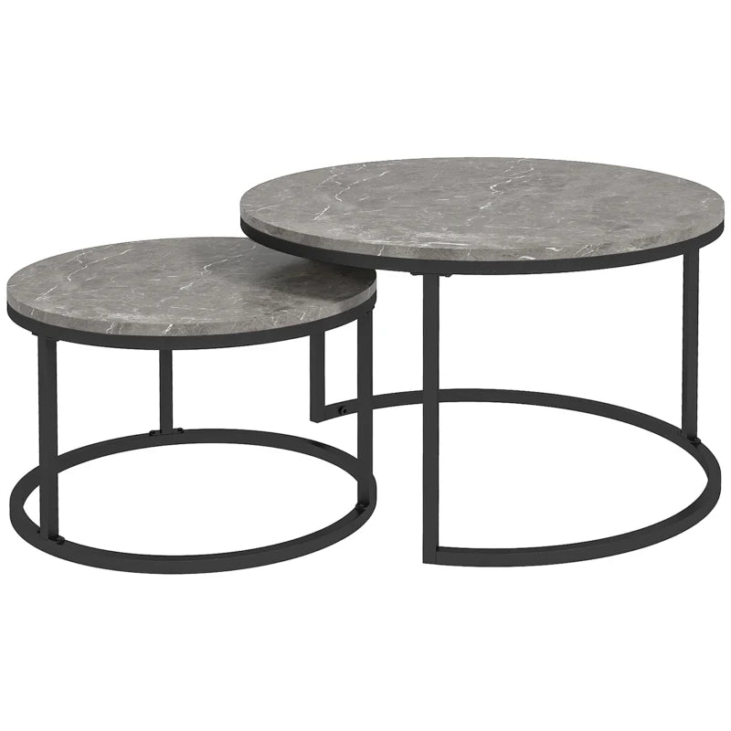 Round Industrial Nesting Coffee Table Set, Faux Marbled Top, Steel Frame, 2-Piece, Black