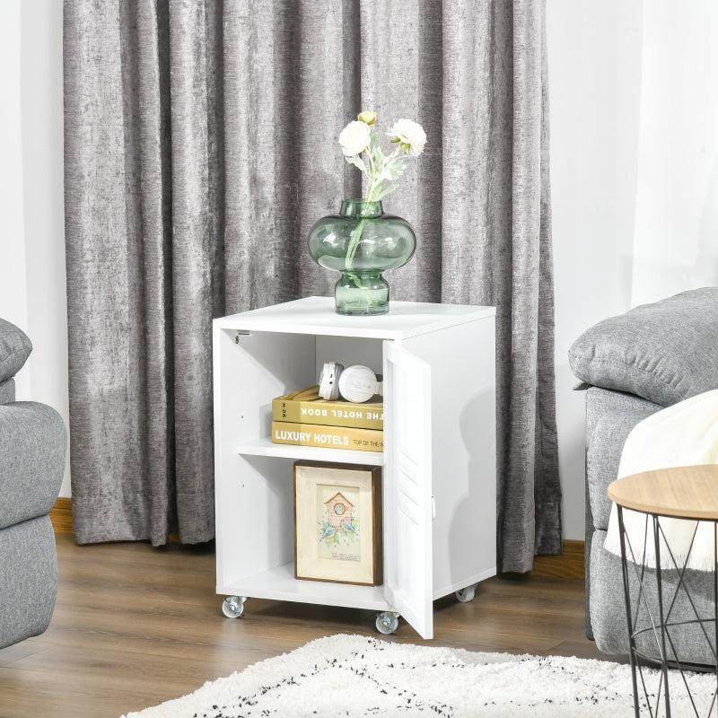 White Industrial Rolling Bedside Table with Adjustable Shelf