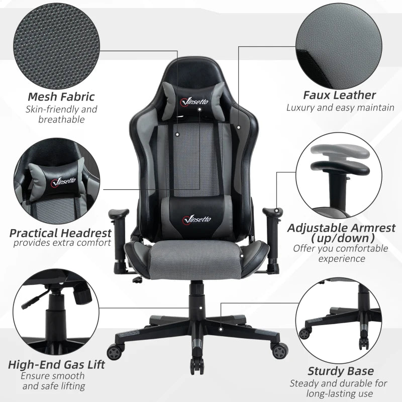 Grey Racing Gaming Chair with Headrest and Lumbar Support