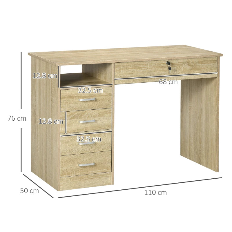 Oak Computer Desk with Lockable Drawer and Storage Shelf, 110 x 50 x 76 cm