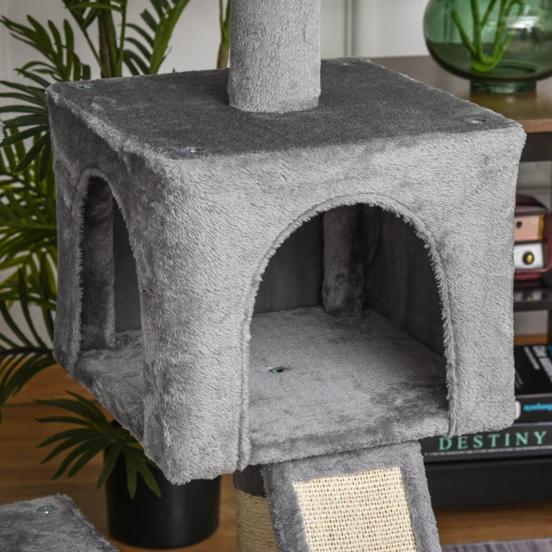 Grey Cat Tree Tower with Scratching Post and Hammock