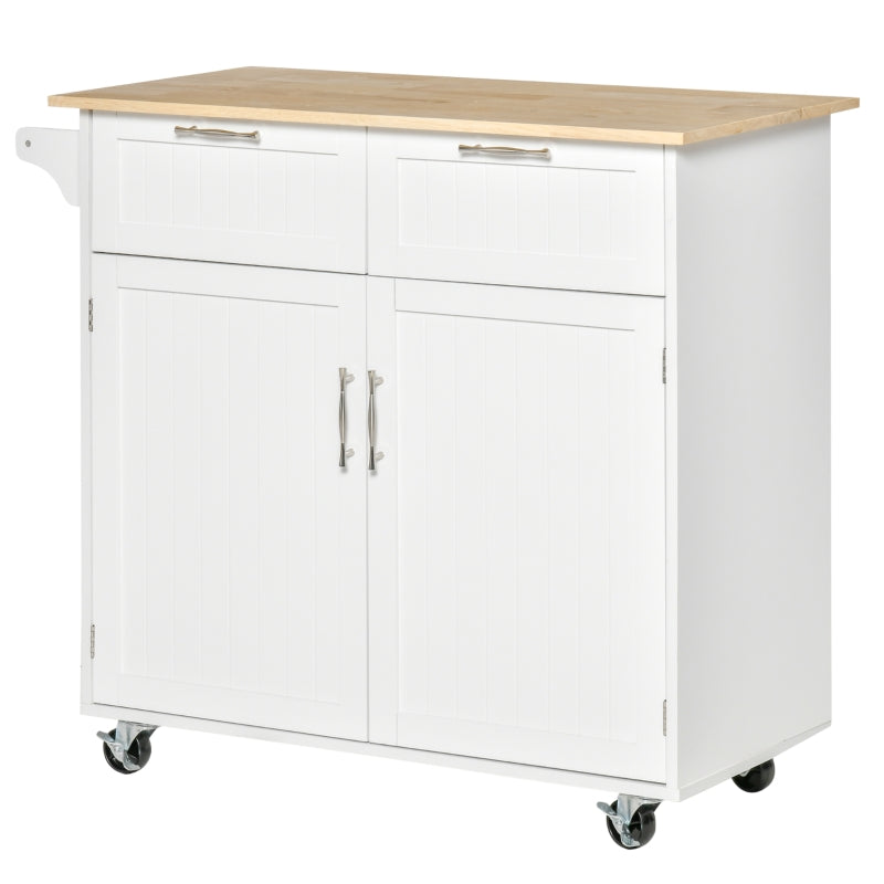 White Modern Kitchen Island Cart with Rubberwood Top and Drawers