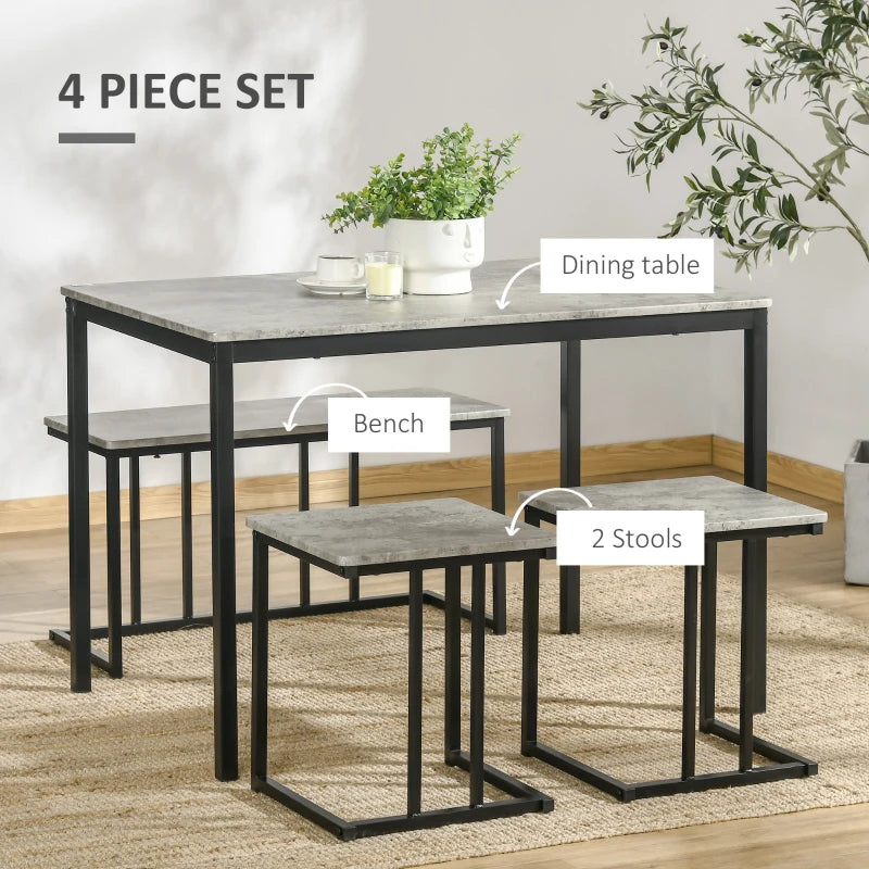 Grey Concrete Effect Dining Set for 4 - Steel Frame Table and Bench