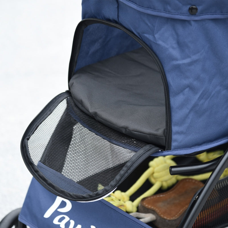 Dark Blue Pet Stroller with Large Carriage and Storage Bag