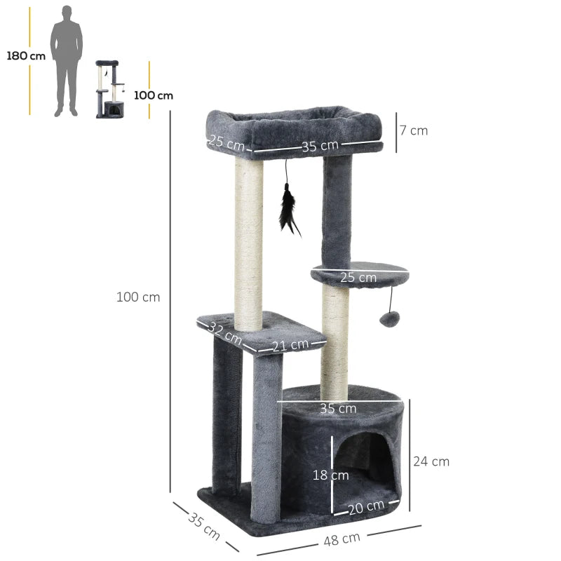 Grey Cat Tower Condo with Scratching Posts and Toys