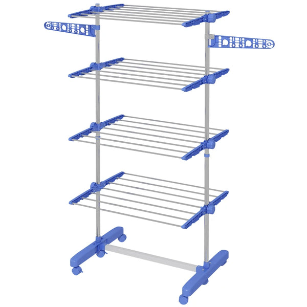 Blue 4-Shelf Folding Clothes Drying Rack with Side Arms and Wheels