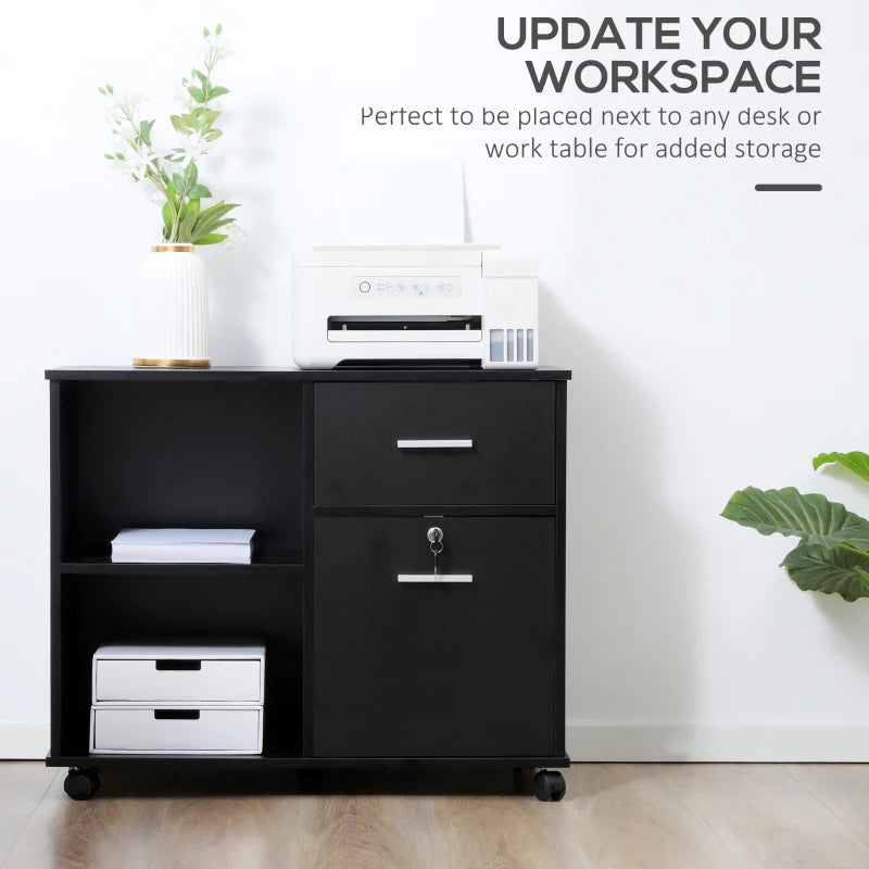 Black Mobile Filing Cabinet with Lockable Drawer and Open Shelves