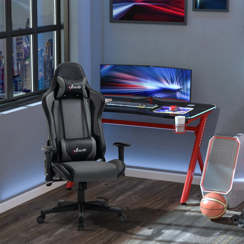 Grey Racing Gaming Chair with Headrest and Lumbar Support