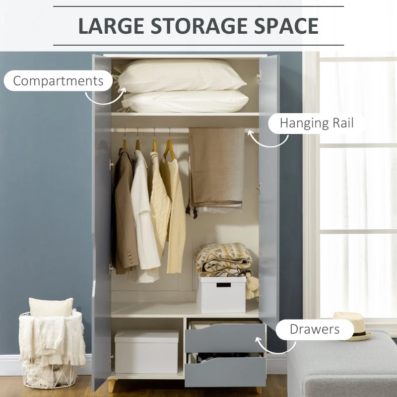 Grey Wardrobe with 2 Doors, 2 Drawers, Hanging Rail, Shelves - Bedroom Clothes Storage 89x50x185cm