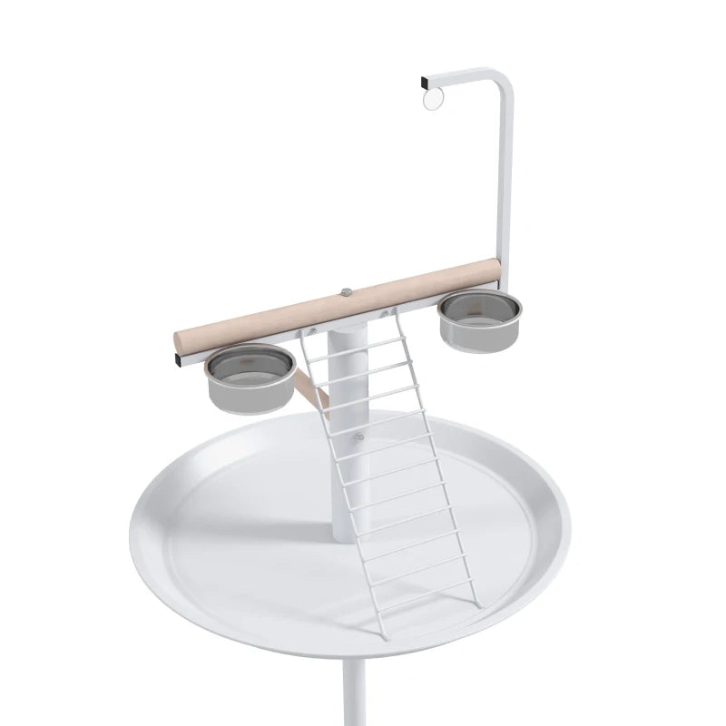 White Bird Stand with Wheels, Perches, Stainless Steel Bowls, Tray - Garden, Indoor, Outdoor