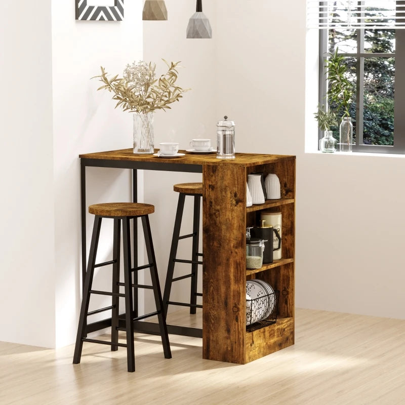 Rustic Brown 3-Piece Industrial Bar Table Set with Storage Shelf