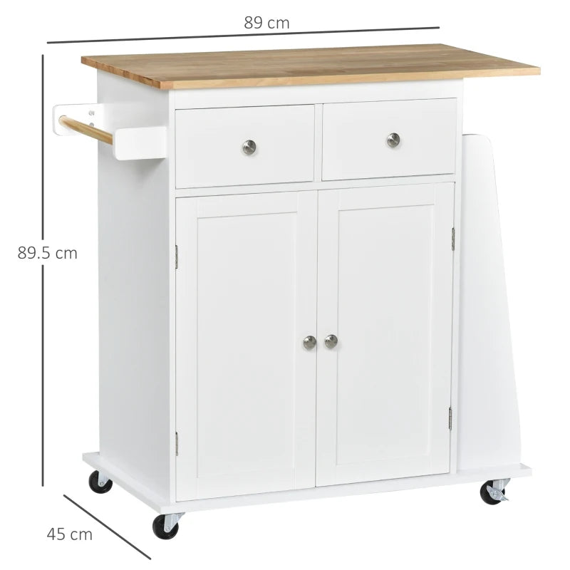 Rolling Kitchen Island Storage Cabinet with Rubber Wood Top - White