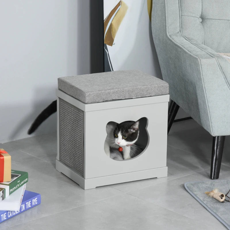 Grey Cat Cube Bed with Soft Cushion and Scratching Pad