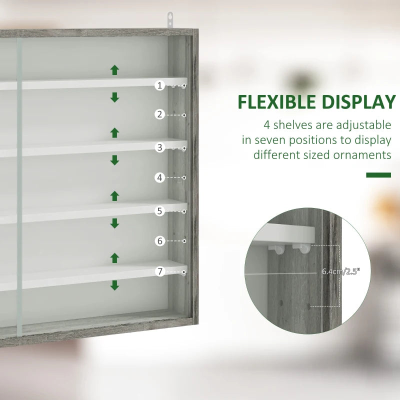Grey Wood Grain 5-Tier Wall Display Cabinet with Glass Doors - 60x80cm
