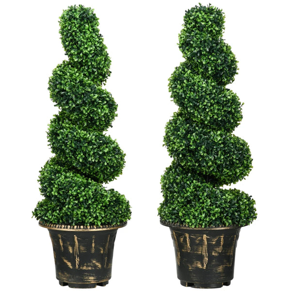 Set of 2 Green Spiral Boxwood Topiary Trees with Pots, 90cm - Indoor Outdoor Decor