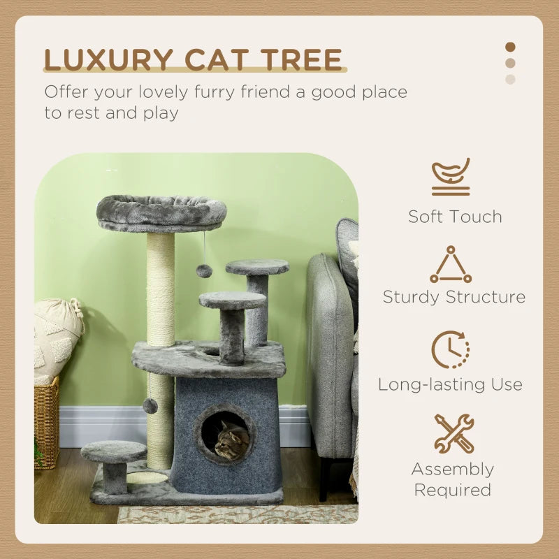 Grey Cat Tree with Scratching Posts, House, Bed - 92cm