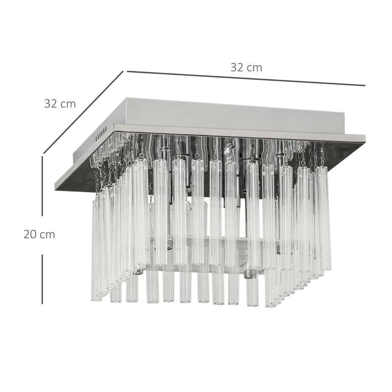 Crystal Raindrop Flush Mount Ceiling Light, Square Pendant Lamp, Silver, 32x20 cm