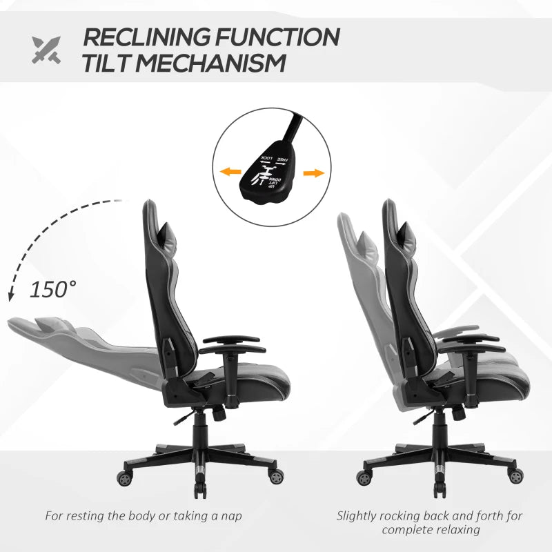 Grey Racing Gaming Chair with Headrest and Lumbar Support