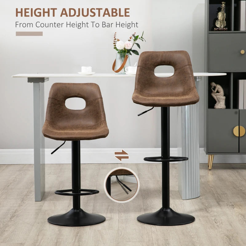 Brown Faux Leather Adjustable Bar Stools Set of 2